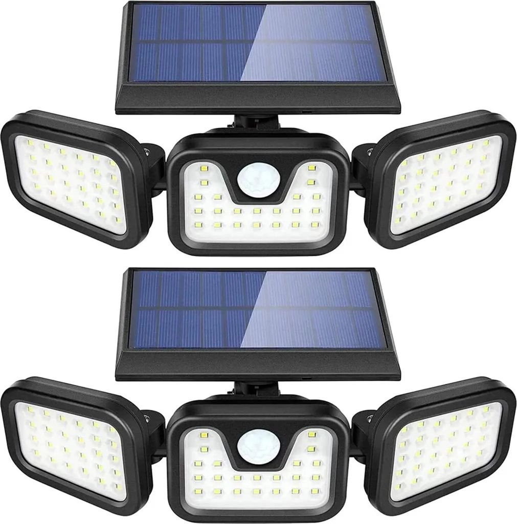 Zwei Solarbetriebene Außenleuchten, Ausgestattet Mit Bewegungssensoren, Led-scheinwerfern, 74 Led-perlen Und 360°-drehung.