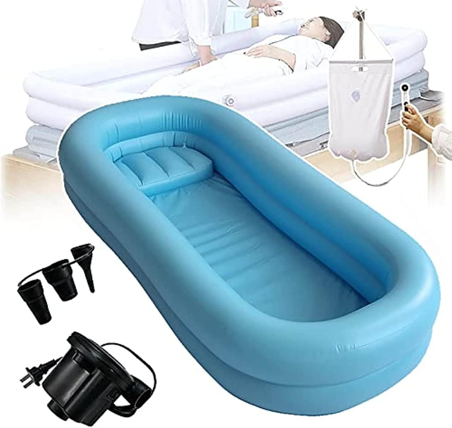 Tragbare, Aufblasbare Pvc-badewanne Für Erwachsene, Inklusive Elektrischer Luftpumpe Und Wasserbeutel – Zur Vollständigen Körperwäsche Im Bett Geeignet Für