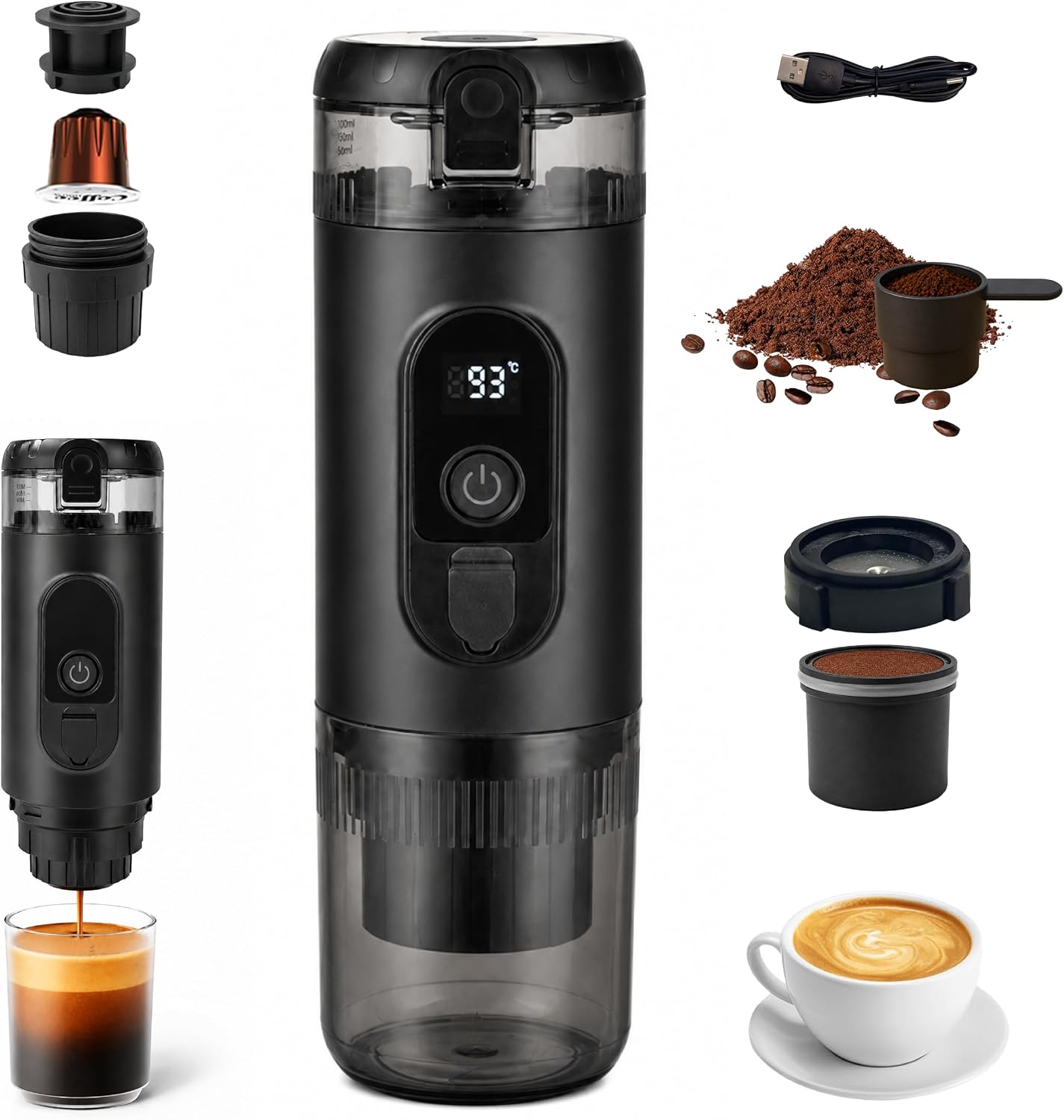 Tragbare Kaffeemaschine – Tragbare Espressomaschine, 3-in-1, Tragbare Kaffeemaschine, Heiß-/kaltwasser, Manuelle Espressomaschine Für Kapseln Und Gemahlenen Kaffee