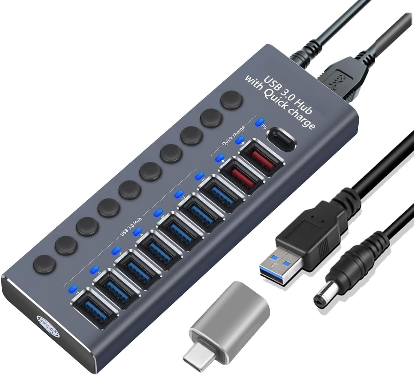 Usb 3.0-hub Aus Aluminium Mit Ladefunktion – Netzteil Und Separater Netzschalter – Silbergrau – 10 Anschlüsse