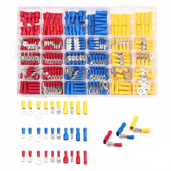 Kabelschuhset, 480-teilig, 30 Verschiedene Flachsteckhülsen, Crimpverbinder Mit Isolierhülsen, Flachstecker, Ringgabel, Kabelschuhe, Sortimentsbox