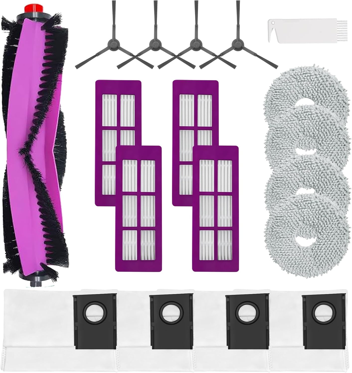 Ersatzzubehörset Für Den Eureka J15 Pro Ultra Saugroboter, 18-teiliges Set (1 Hauptbürste + 4 Seitenbürsten + 4 Filter + 4 Staubbeutel + 4 Wischmopps)