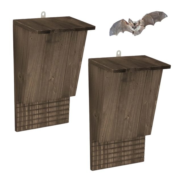 Relaxdays Fledermauskasten, 2er Set, Unterschlupf für Fledermäuse, HBT 34 x 22,5 x 12,5 cm, Fledermaushotel, Holz, braun
