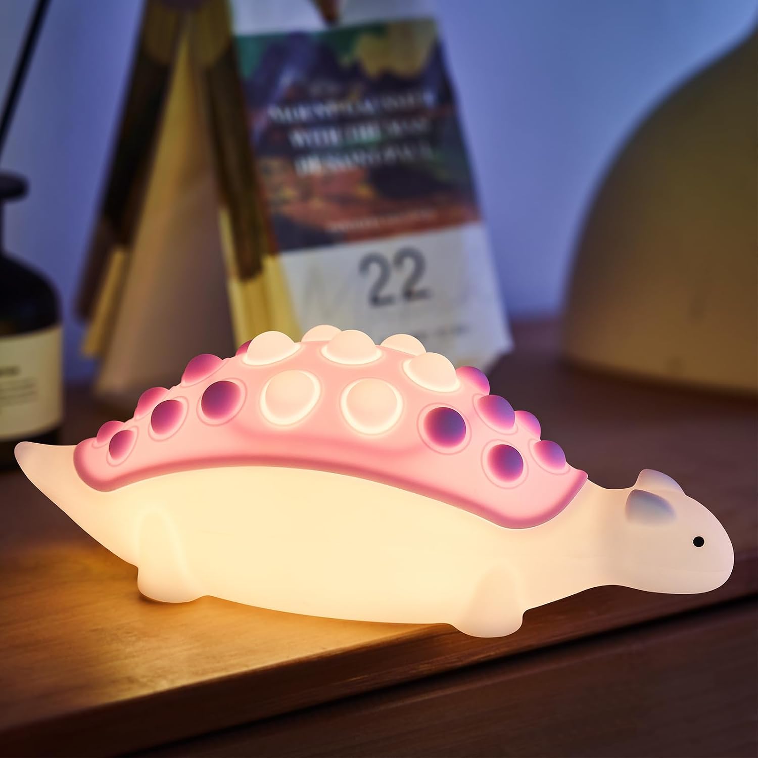 Dinosaurier-leselampe Für Kinder, Silikonlampe Mit Pop-up-blase, 7 Nachtlichtmodi, Wiederaufladbare Touch-lampe, Babyzimmerdekoration (lila)