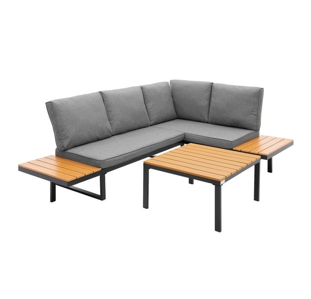 ML-Design Gartenmöbel Set 3 tlg, Terrassenmöbel mit Couchtisch & Kissen, Balkonmöbel Grau-Holzoptik, Ecksofa wetterfest, Sitzgruppe frei