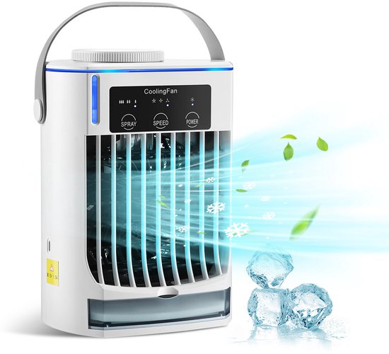 Tragbarer Verdunstungsluftkühler, Tischventilator Mit Sprühkühlung Und Eisfunktion, Geräuscharm, Weiß.