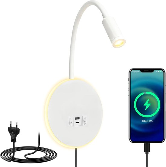 Led-wandleuchte – Leselampe – Led-licht – Nachttischlampe – Wandmontierte Leselampe – Mit Usb-ladeanschluss Und Schalter – Weiß