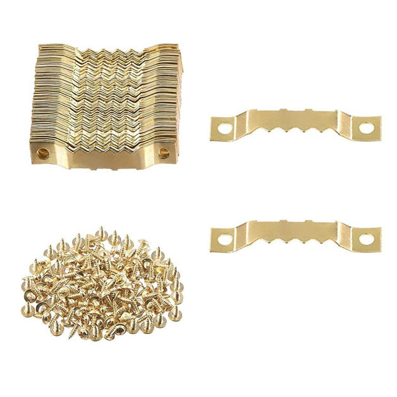 100 Goldene, Gezahnte Haken/bilderhaken Mit 200 Schrauben, Für Bilderrahmen, Gemälde, Fotos, Kunstwerke, Uhren Und Wohnaccessoires