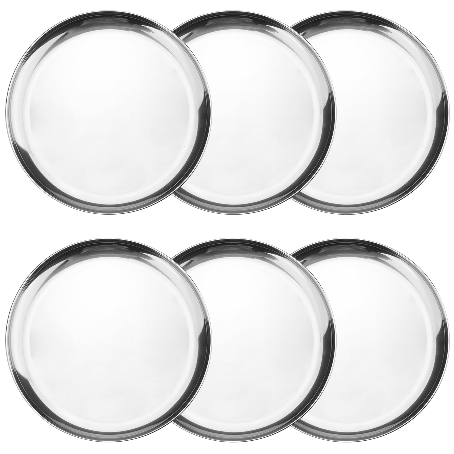 Set Mit 6 Wiederverwendbaren, Runden Edelstahl-metalltellern (30 Cm Durchmesser) Für Snacks, Camping Und Zum Grillen Von Steaks. Spülmaschinenfest.