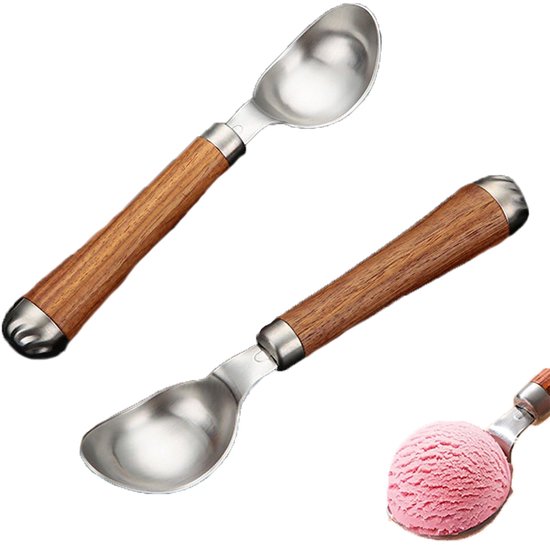 Eiskugelportionierer Aus Edelstahl Mit Holzgriff, Kugelportionierer Für Melonenkugeln Und Kekse, Auch Für Kartoffelpüree Und Fleischbällchen Geeignet – Silber, Holzfarbe