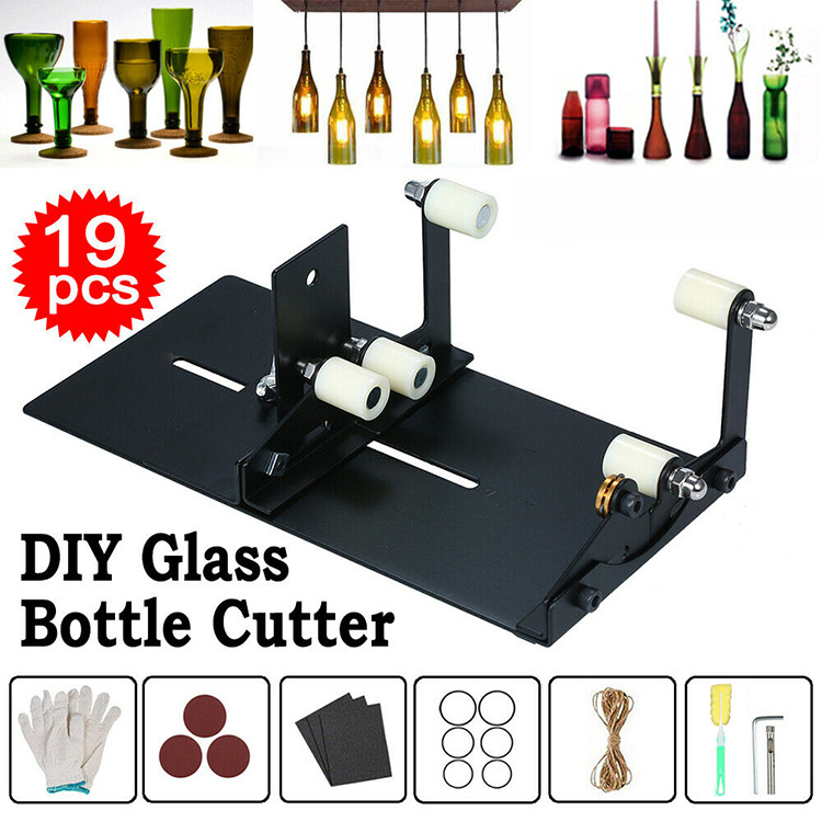 19-teiliges Glasflaschenschneider-set, 1 Klinge, 1 Seil, 2 Schrauben, 1 Paar Handschuhe, 6 Schleifpapierblätter, 1 Schwammbürste, 6 Gummiringe.