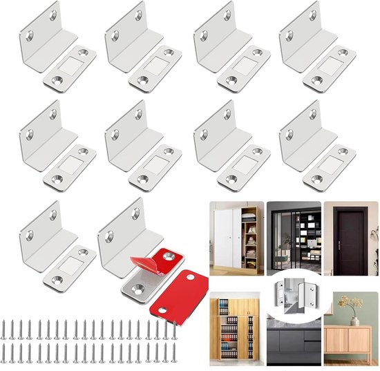 10er-pack Magnetische Tür-, Schrank- Und Schubladenverschlüsse Aus Edelstahl, Selbstklebend, Silberfarben, L-förmig