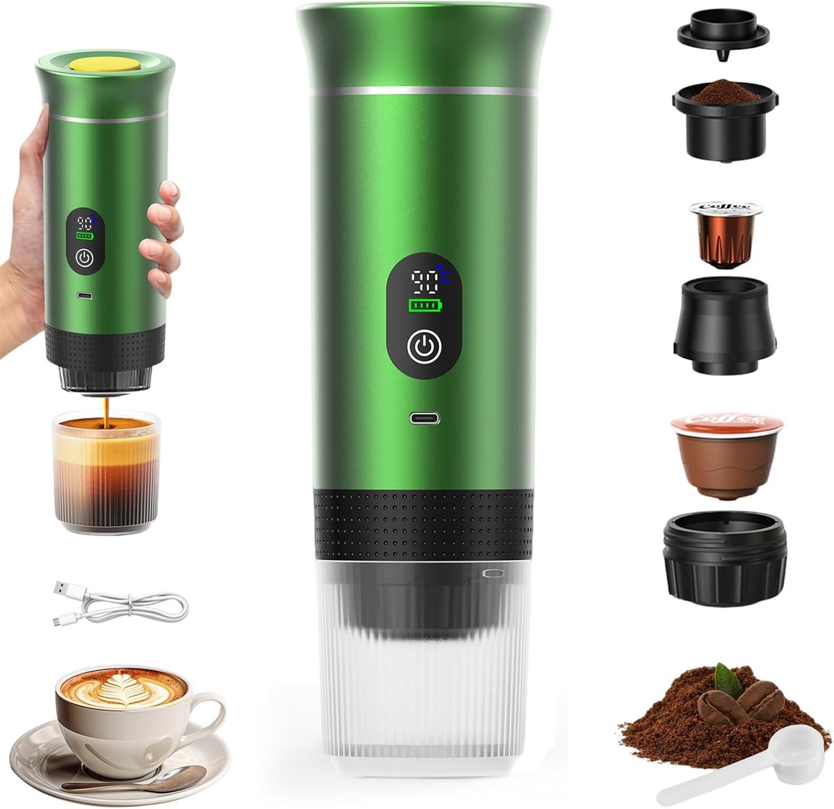 3-in-1 Tragbare, Wiederaufladbare Kaffeemaschine, 12-v-kapselmaschine, 20–25 Stunden Akkulaufzeit, Verbesserte Kapazität, Umweltfreundlich
