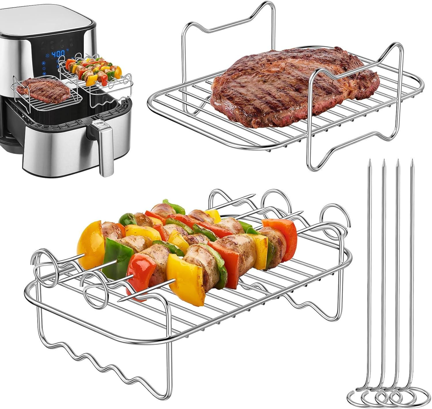 2 Airfryer-einsätze, Kompatibel Mit Ninja Dual Af300uk Und Af400uk – Mehrlagiger Dörrrost – Drehspießeinsatz Mit 4 Spießen – Edelstahl 304