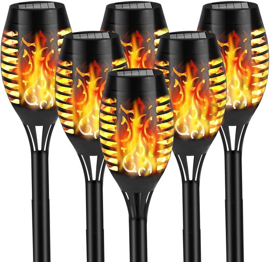 Solarbetriebene Außenleuchte Mit Flammeneffekt, Solarbetriebene Taschenlampe Mit Flackernder Flamme, Terrassenbeleuchtung Für Wege, Rasen/terrasse (schwarz, 6 Stück)