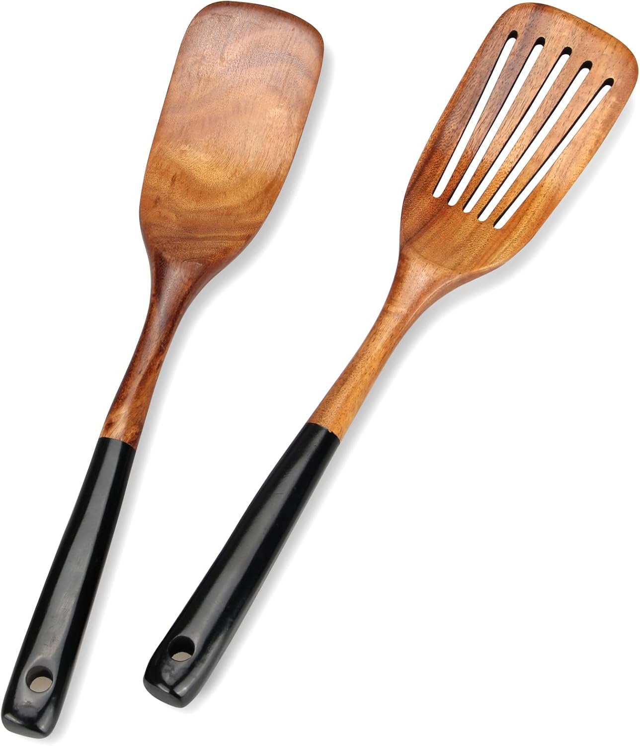 2-teiliges Holzschaber-set – Teak-küchenutensilien, Gerillte Und Flache Wok-spatel