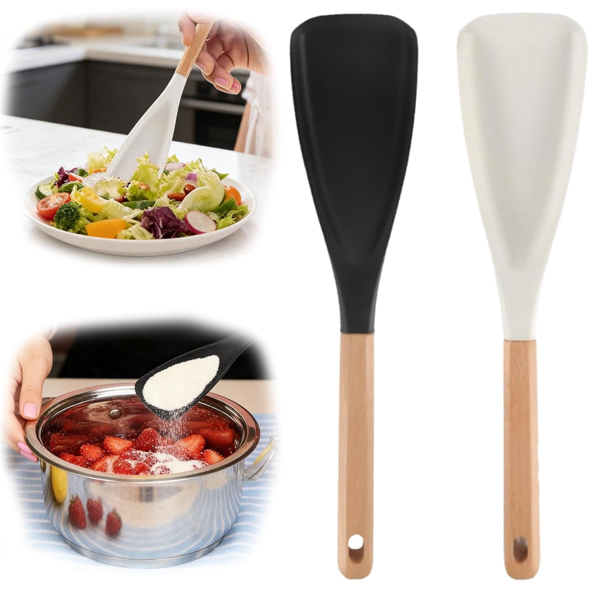 Multifunktionaler Spatel, Silikon-salatlöffel, Für Antihaftbeschichtetes Kochgeschirr, Löffel Mit Holzgriff, Zum Rühren, Schöpfen Und Abschaben, 2er-pack.