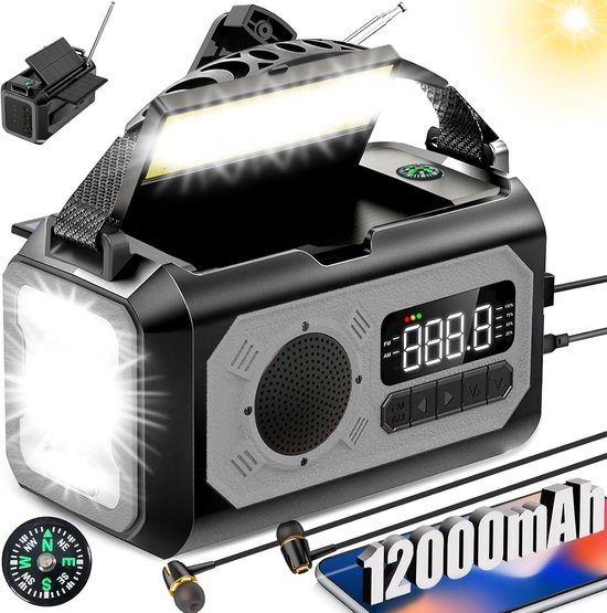 Geeignet Für Notfälle: Radio (12000 Mah), 2 Solarzellen, Handkurbel, Am/fm-empfang, 3 Lademöglichkeiten, Usb-sos-funktion, Led-taschenlampe, Handy-ladegerät, Kompassanschluss, Grau