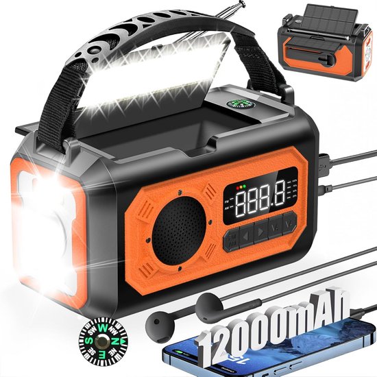 Geeignet Für Notfälle: Radio 12000mah, 2 Solarzellen, Handkurbel, Am/fm-empfang, 3 Lademöglichkeiten, Usb-sos-funktion, Led-taschenlampe, Handy-ladegerät, Kompassanschluss, Orange