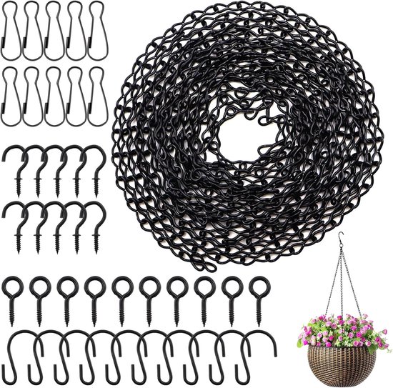 500 Cm Lange Schwarze Stahlkette Mit Haken, Clips Und Schraubringen Zum Aufhängen Von Pflanzen Und Vogelfutterhäuschen