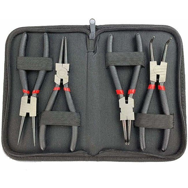 Ein Set Aus 4 Sprengringzangen, 6 Zoll (150 Mm), Gerade, Gebogen, Für Innensprengringe Und Für Außensprengringe, Mit Aufbewahrungsbox Und Rutschfestem Griff.