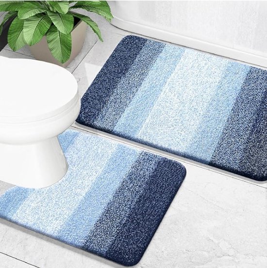 Badezimmer-set – 2-teilig: Saugfähige Mikrofaser-badematte Und U-förmiger Wc-deckel – Rutschfest