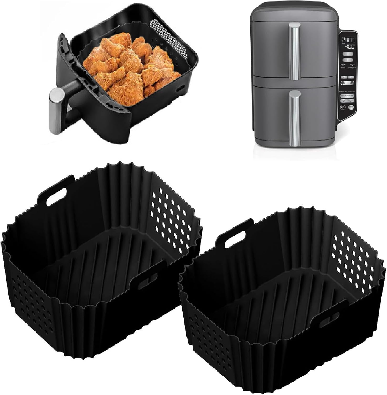 2 Rechteckige Airfryer-einlagen – Ninja Double Stack Xl Sl401 Sl400 Af300 – Wiederverwendbar Mit Löchern – Set Mit 2 Quadratischen Silikon-backformen – Schwarz