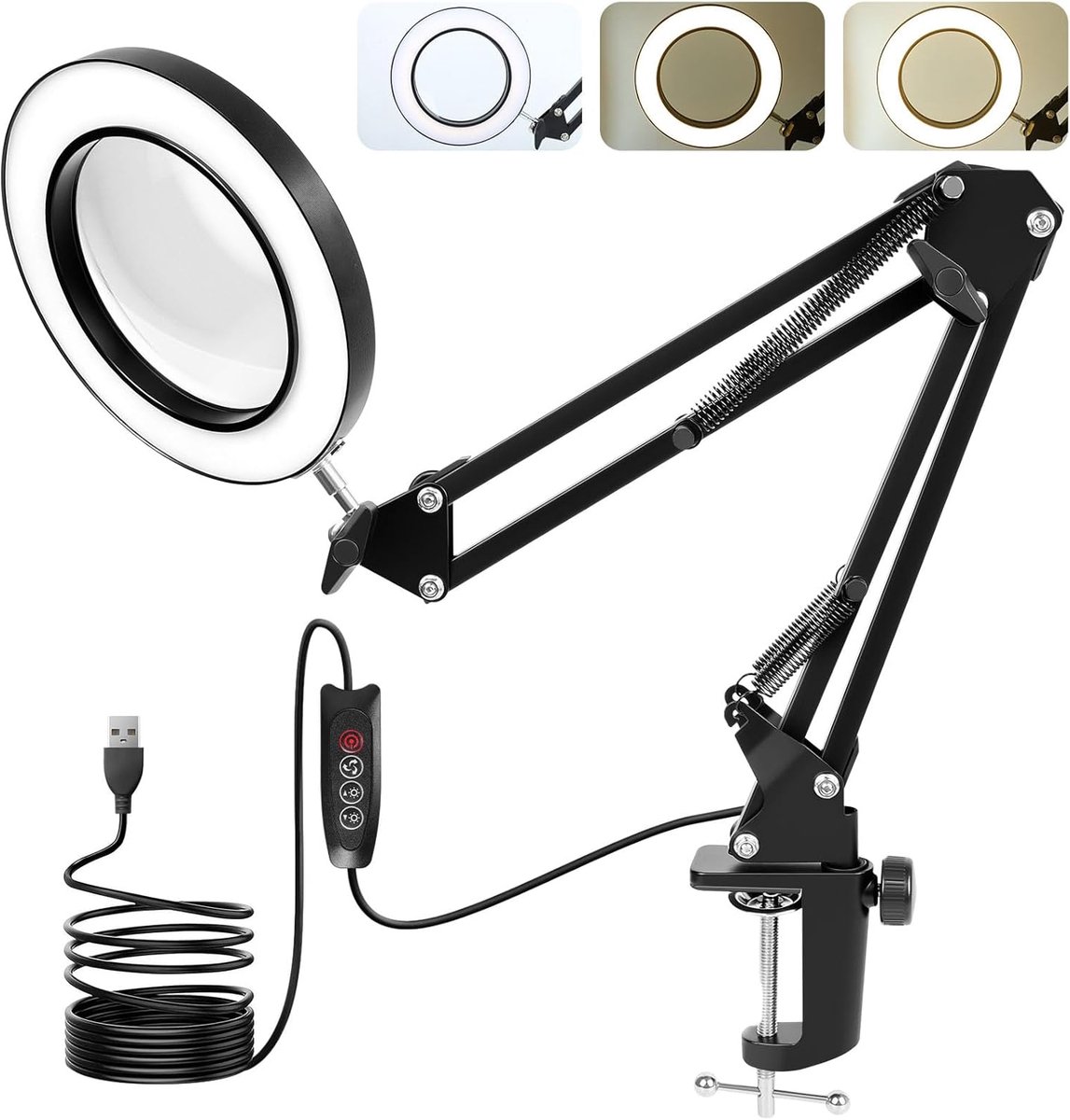 Schreibtischlampe Mit Lupe, Led-beleuchtung, Stehlampe Mit Integrierter Lupe (10-fache Vergrößerung), 3 Farbmodi, 10 Dimmstufen, Schwarz