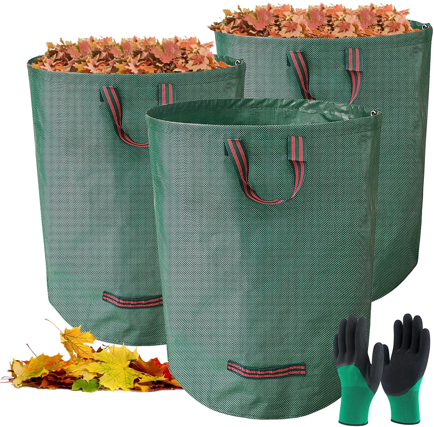 3-teiliges Set Gartenabfallsäcke (272 L), Selbststehende Laubsäcke, Inkl. Gartenhandschuhe, Mit Griffen, Faltbar, Für Gartenabfälle, Grünschnitt Und Laub