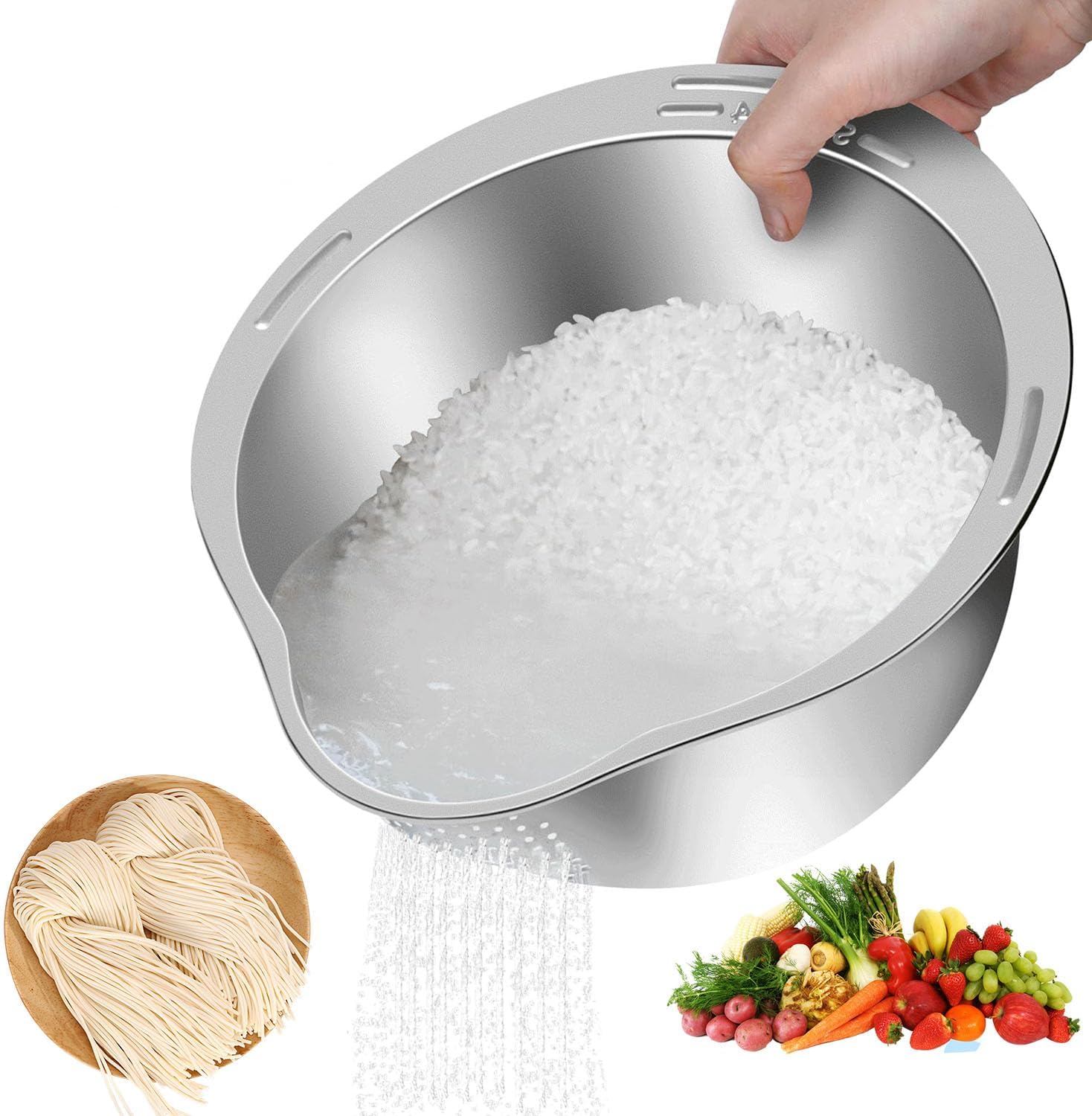 Reiswaschschüssel Mit Sieb, Gemüsespül- Und Abtropfschale Mit Sieb, Reissieb Aus Edelstahl, Für Obst, Gemüse, Bohnen, Küchenhelfer.
