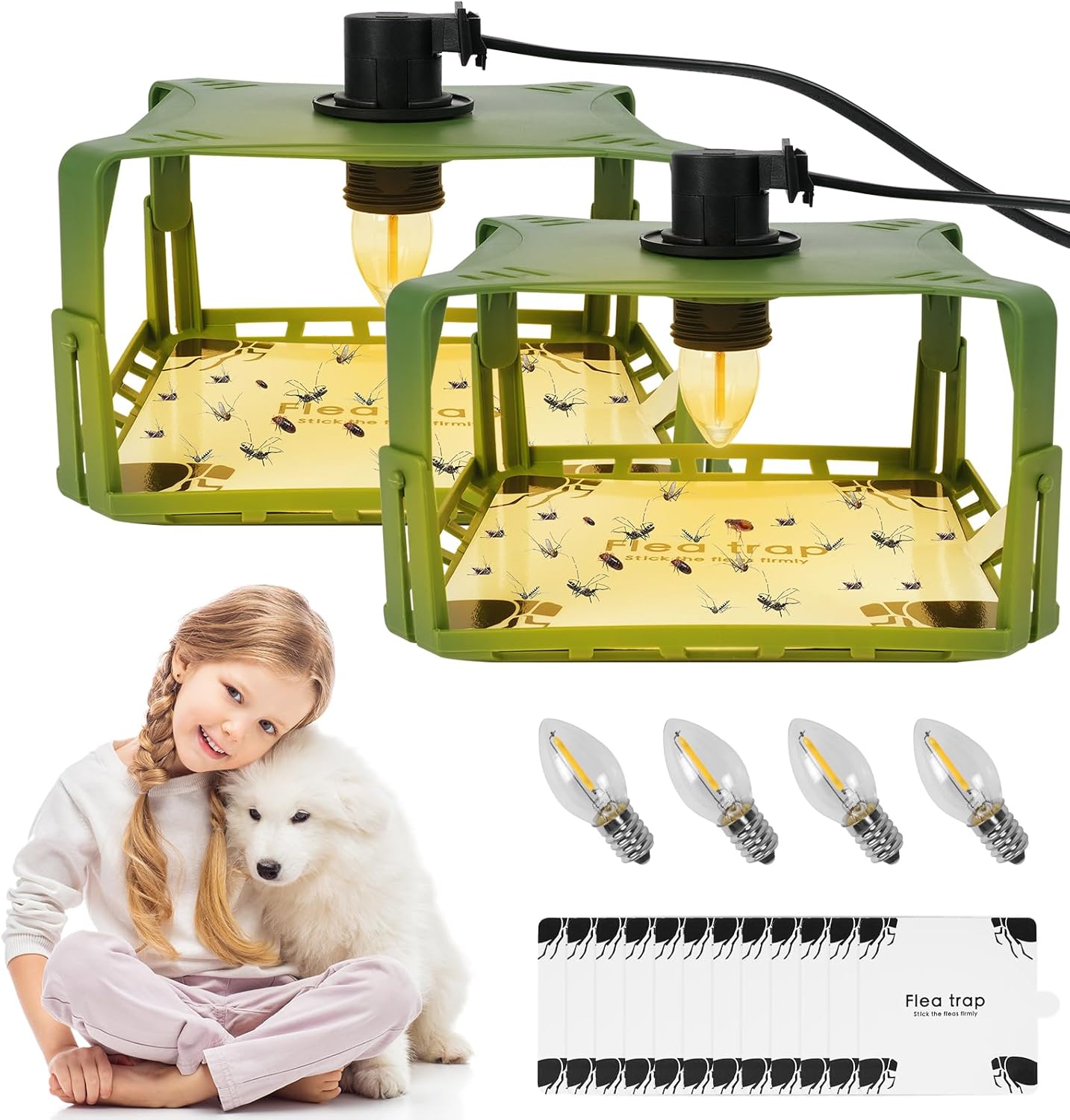 Set Mit 2 Flohfallen Für Zuhause, Flohlampen Für Zuhause, Geruchlos, Ungiftig, Natürliches Licht, Mit 4 Lampen Und 12 Klebescheiben, Für Teppiche Und Bettwäsche.