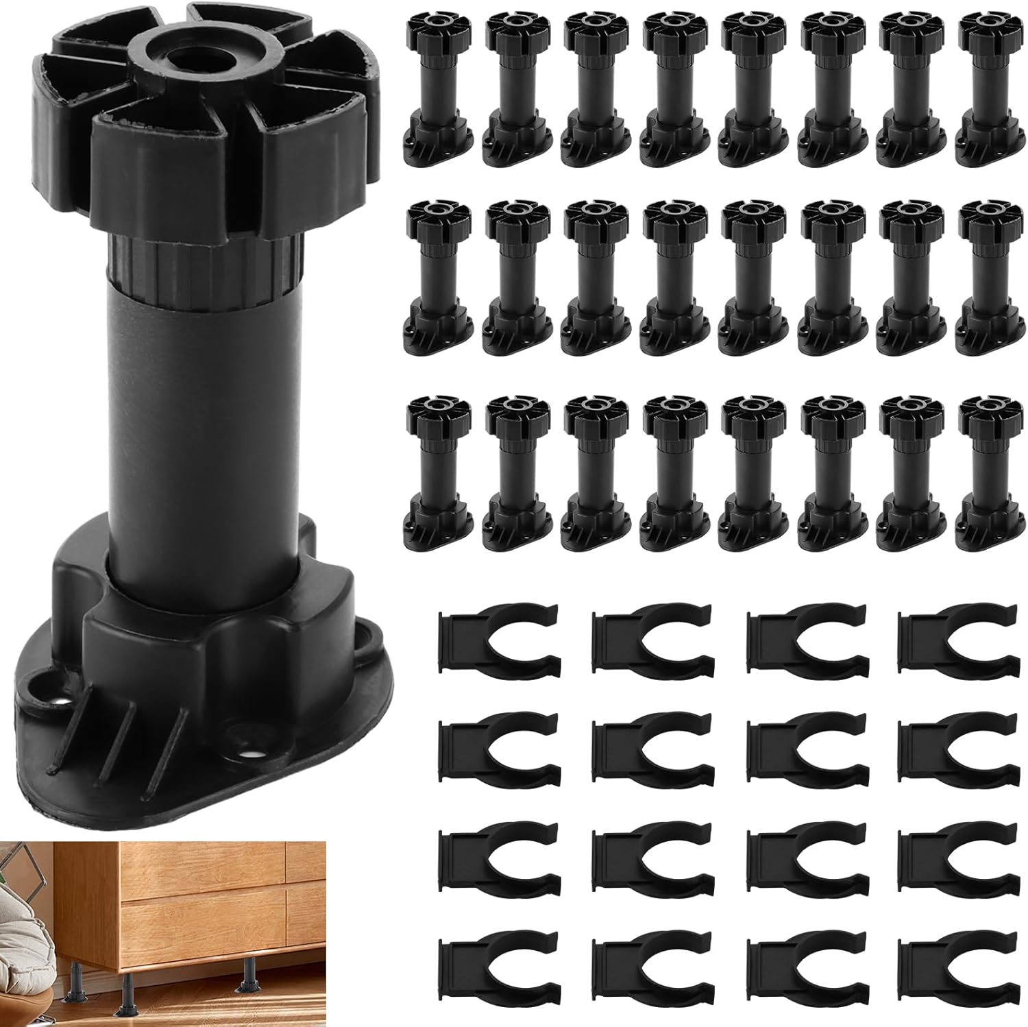 Ein Set Aus 32 Verstellbaren Möbelfüßen, 100-120 Mm, Schwarz, Geeignet Für Möbel, Schränke, Küchen Und Sofas.