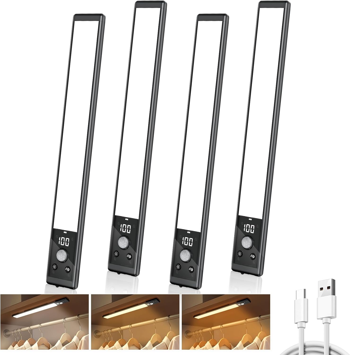 4er-pack Unterbauleuchten (24 Cm) – 52 Leds – Wiederaufladbar – Bewegungsmelder – 3 Farbtemperaturen – Magnetisch & Dimmbar – Für Die Küche