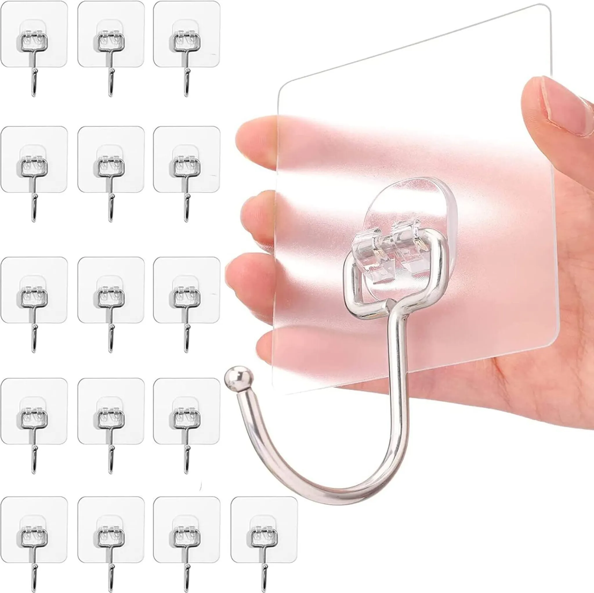 Packung Mit 16 Stück, Bohrfreie, Spurlos Klebende Haken, Große Transparente Selbstklebende Haken, Geeignet Für Küche, Bad Und Andere Wandflächen.