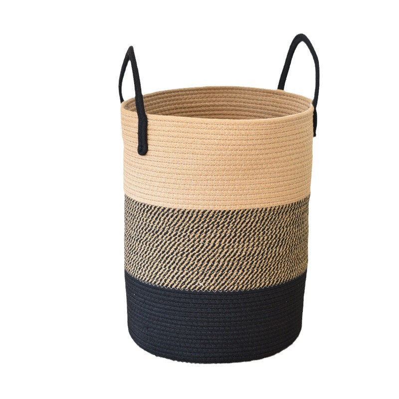 Großer Wäschekorb Aus Geflochtenem Material, Wäschekorb Aus Baumwollseil, Boho-decke, Spielzeug- Und Kleiderkorb Zur Organisation Von Schlaf- Und Wohnzimmer, Braun Und Schwarz