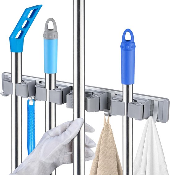 Grauer, 50 Cm Großer Wandhalter Aus Aluminium Für Besen Und Mopp Mit 5 Haken Und 4 Clips, Selbstklebendes Aufbewahrungsregal Für Werkzeuge (1,5-2,5 Cm)