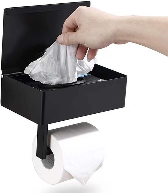 Wandmontierter Toilettenpapierhalter Mit Ablagefach – Schwarzer Edelstahl – Selbstklebend Oder Zum Anbohren