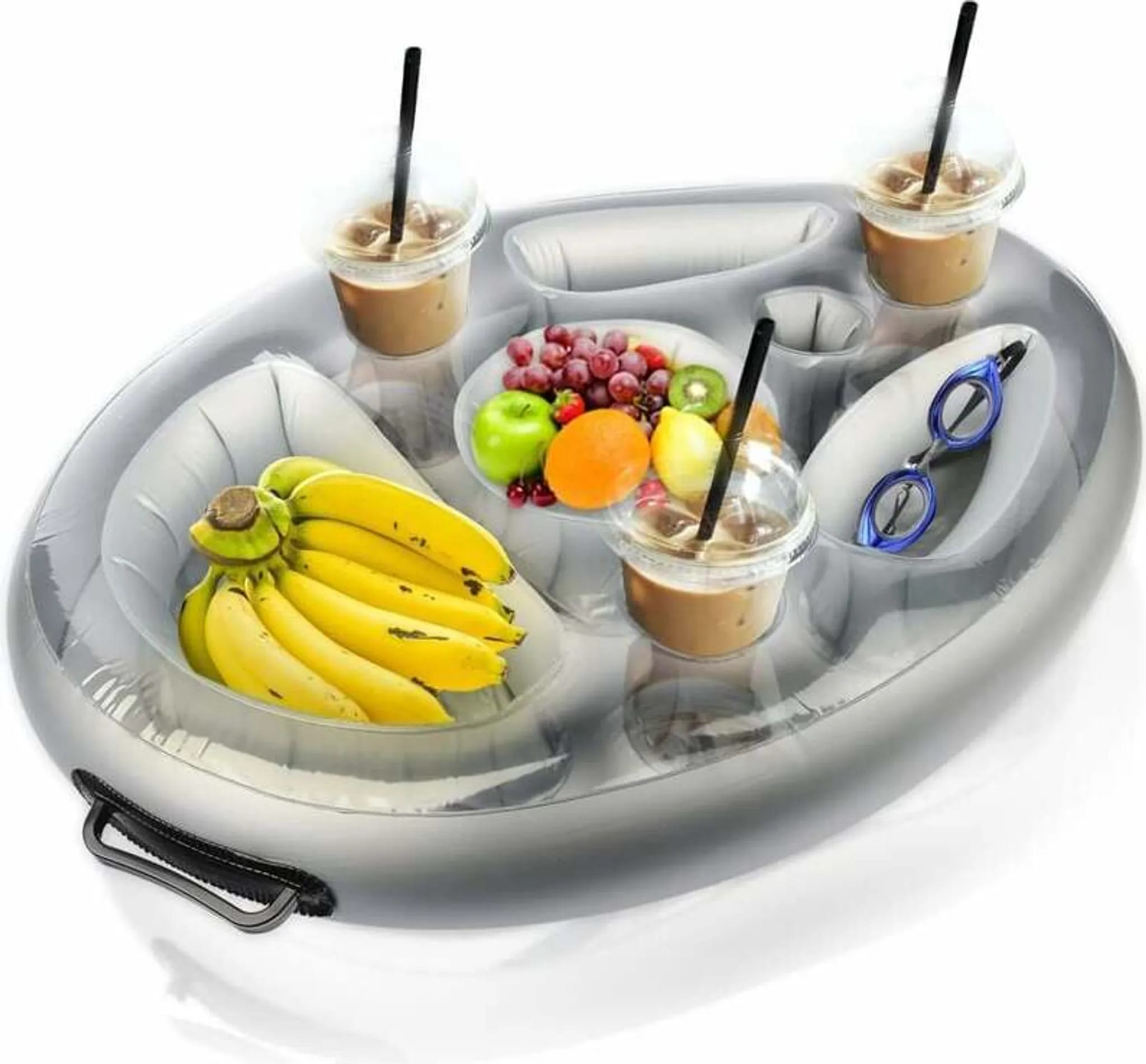 Grauer, Aufblasbarer, Schwimmender Getränkehalter – Ein Pooltablett Mit 8 Löchern Zur Aufbewahrung Von Getränken Und Snacks, Perfekt Für Den Einsatz In Pools, Whirlpools Und Am Strand.