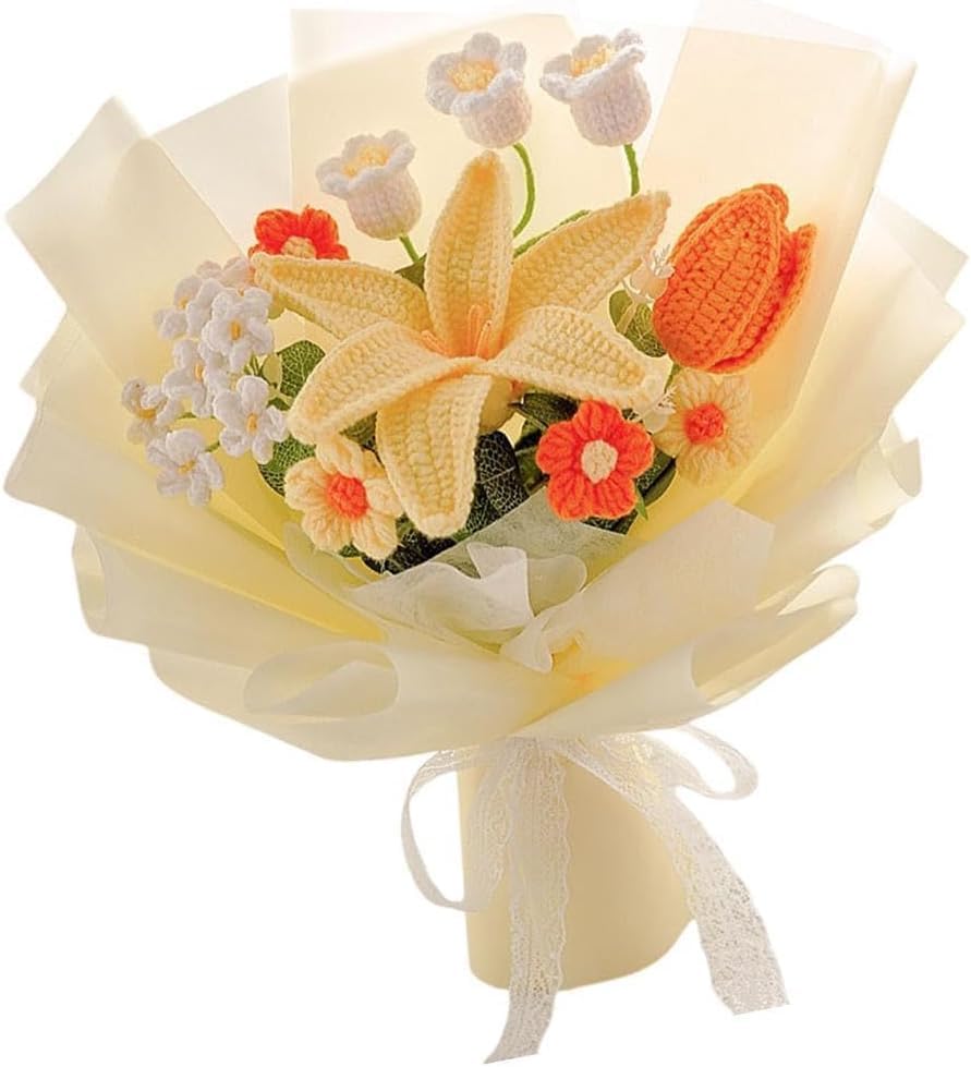 Gestrickte Blumensträuße, Künstliche Blumen, Gehäkelte Sträuße, Konservierte Lilien, Tischdekorationen, Künstliche Blumensträuße Für Hochzeitsdekorationen, Gelbe Rosen.
