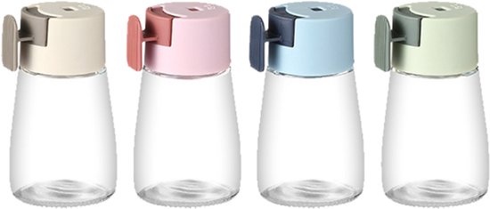 Vierteiliges Salz- Und Pfefferstreuer-set, 180 Ml, Mit Deckel, 6,3 X 6,3 X 10,7 Cm, Gibt 0,5 G Pro Pumpstoß Ab, Glas Und Kunststoff, Rosa, Beige, Blau, Hellgrün