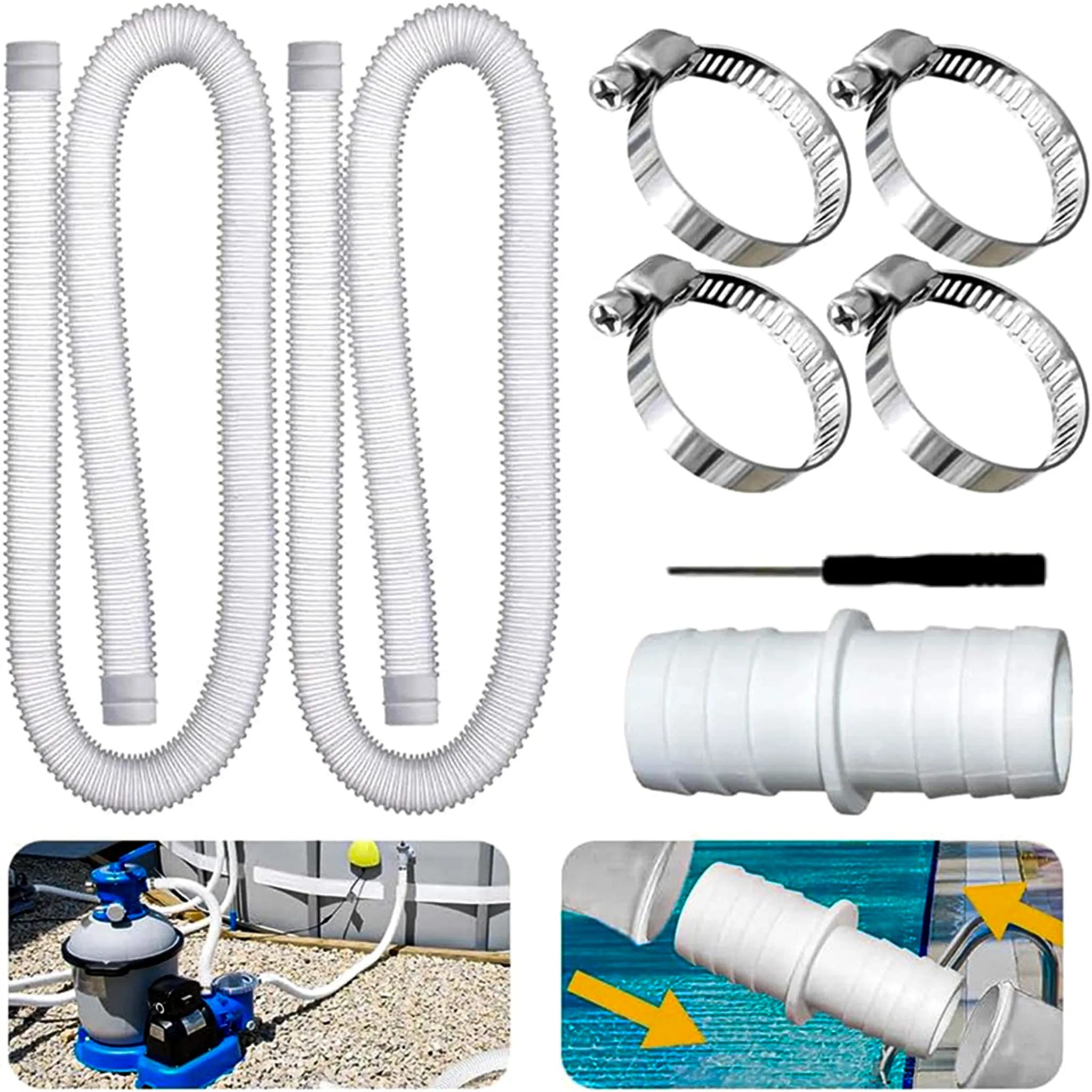 Zwei 32-mm-poolpumpenschläuche, Gesamtlänge 150 Cm, Uv- Und Chlorbeständig, Flexible Schläuche Mit Befestigungsclips.