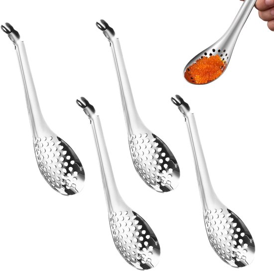 4-teiliger Kaviarlöffel Aus Edelstahl, Kugelförmiger Siebeinsatz, Ergonomisch, Für Fischrogen, Wontons, Eiweiß Und Eigelb – Silber