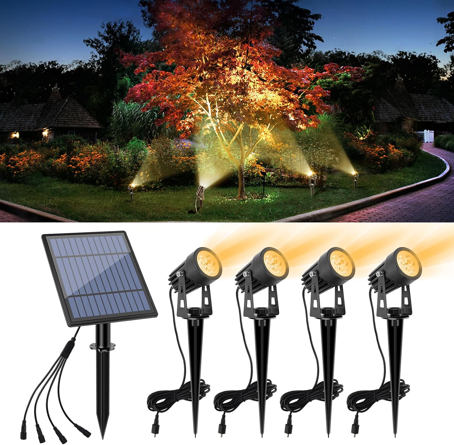 Metallener Solar-gartenstrahler 4-in-1 – 3 M Kabel – Warmweiß (3000 K) – Ip65 Wasserdicht – Niederspannung – Automatische Ein-/ausschaltung