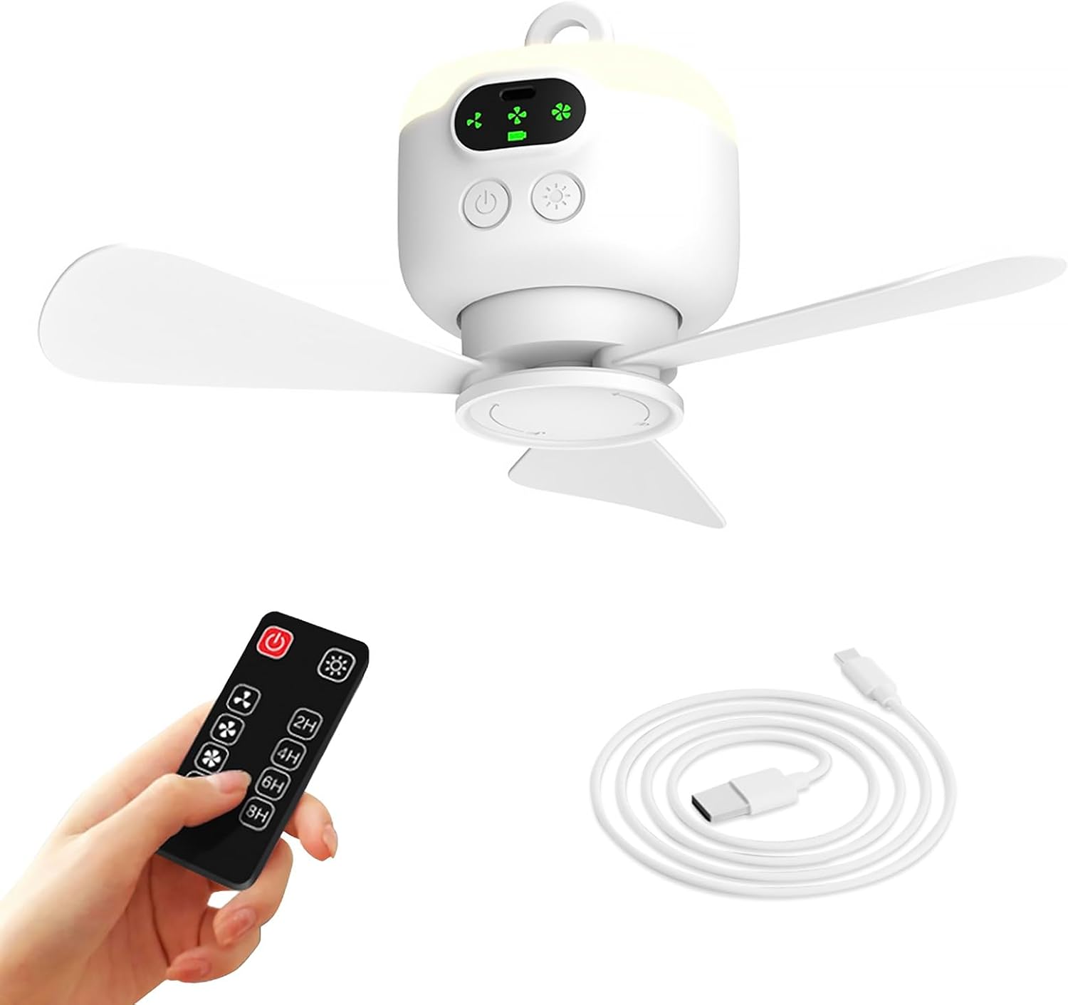 Campingventilator, Deckenventilator Für Zelte, Wiederaufladbarer 8000-mah-akku Mit Licht Und Haken, Timer Und Automatischer Abschaltung, Abnehmbares Ventilatorflügel