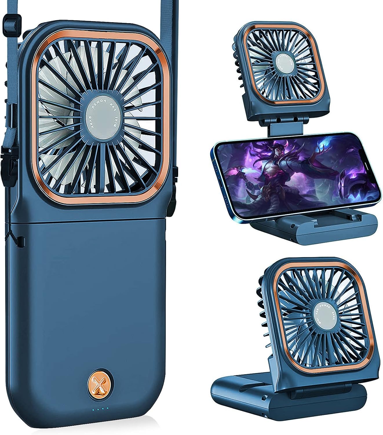 Handventilator Mit Halskette, Faltbar, Leise, Usb-wiederaufladbar, Mit Handyhalterung, 3000 Mah Powerbank, Freihändig Nutzbar