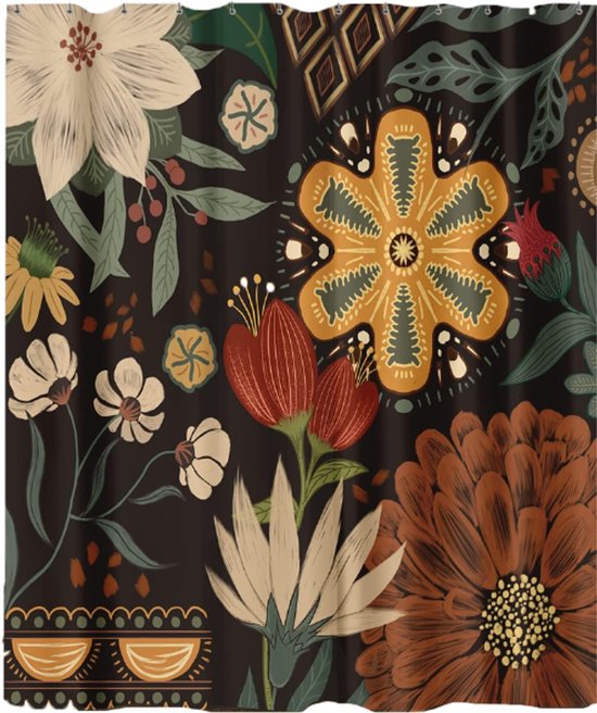 150 X 180 Cm Wasserdichter Duschvorhang Im Boho-blumenmuster, Einfarbig, Mit 12 Haken