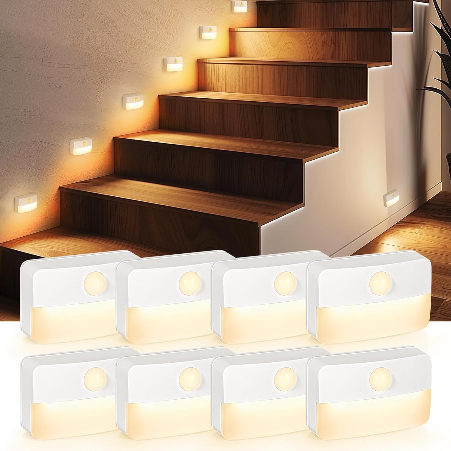 8-teiliges Set Aus Treppenhausleuchten Mit Bewegungsmelder Für Den Innenbereich, Batteriebetriebenen Kleiderschrankleuchten Und Kabellosen, Selbstklebenden Flurleuchten