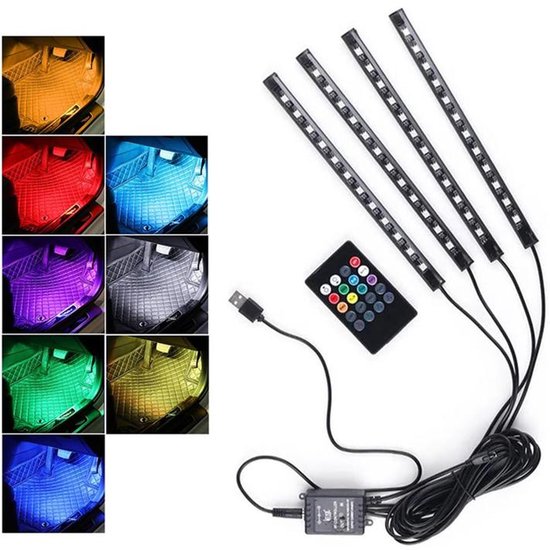 Led-ambientebeleuchtung Fürs Auto, 4 Streifen Mit Insgesamt 48 Leds, Musiksynchronisation Und Fernbedienung, Innenraumbeleuchtung Für Unter Das Armaturenbrett.