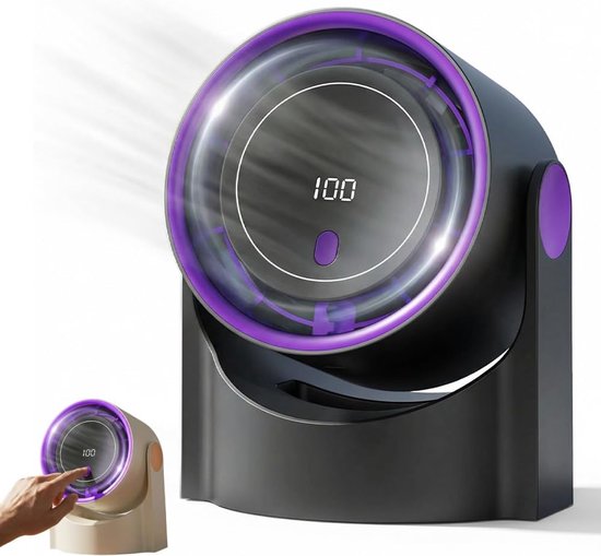 Wiederaufladbarer, Klingenloser Tischventilator Über Usb, 100 Geschwindigkeitsstufen Mit Digitalanzeige, 12 Stunden Akkulaufzeit, Schwarz.