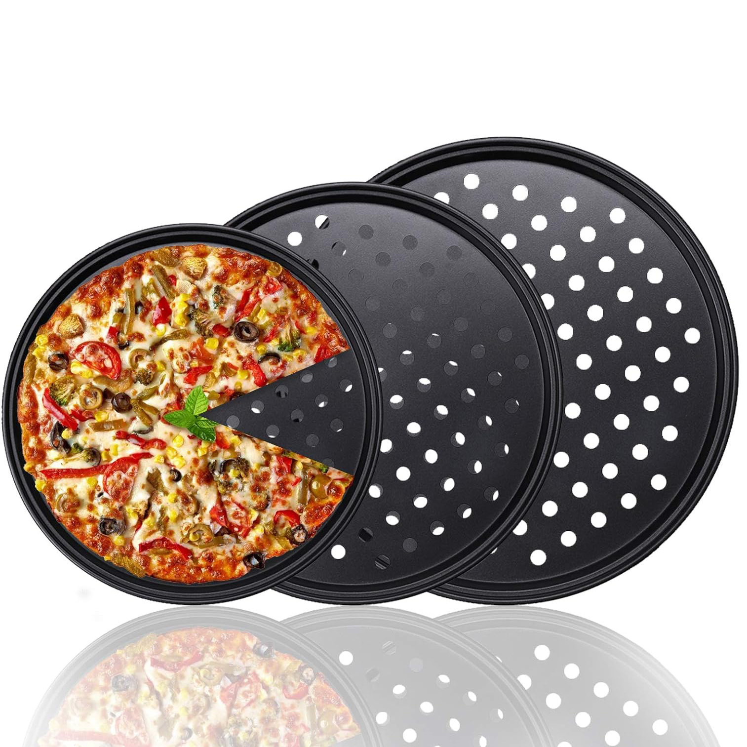 Pizzablech-set, Perforiertes Pizzablech Aus Kohlenstoffstahl, Für Ofenzubehör Und Haushalt, Küche, Restaurant (9 Zoll, 10 Zoll Und 12 Zoll)